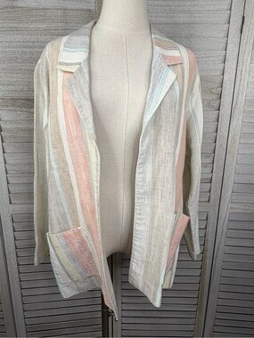 Linen Blazer Open Front Pastel Stripes Women's Career/Office-Large